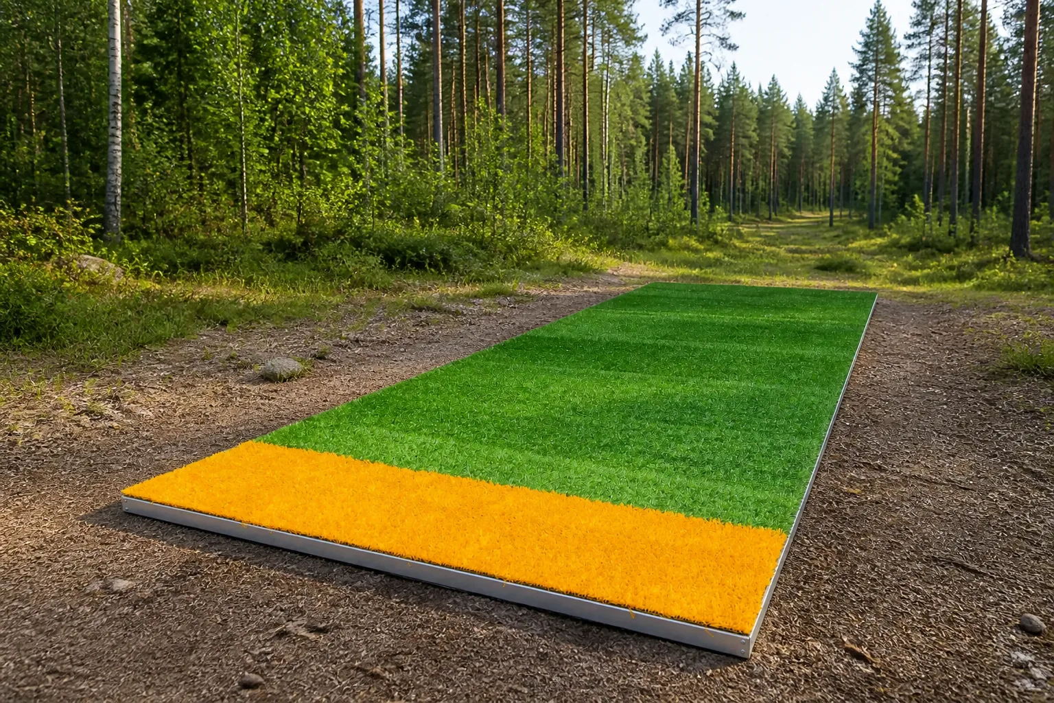 Flatpad Evo v plné velikosti na diskgolfovém hřišti v severském lese, vizualizace produktu